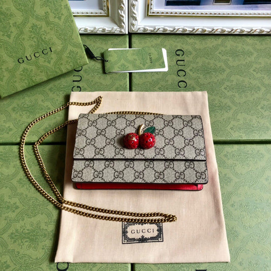 Gucci Summer Cherry Collection Large Red Crystal Clutch - PVC Scarlet Original Quality, Detachable Chain Keyring