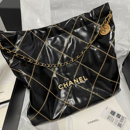Chanel 22 Bag "Trash Bag" Black & Gold | Vintage Coin Detailing & Magnetic Closure | Unisex Calfskin Luxury Tote
