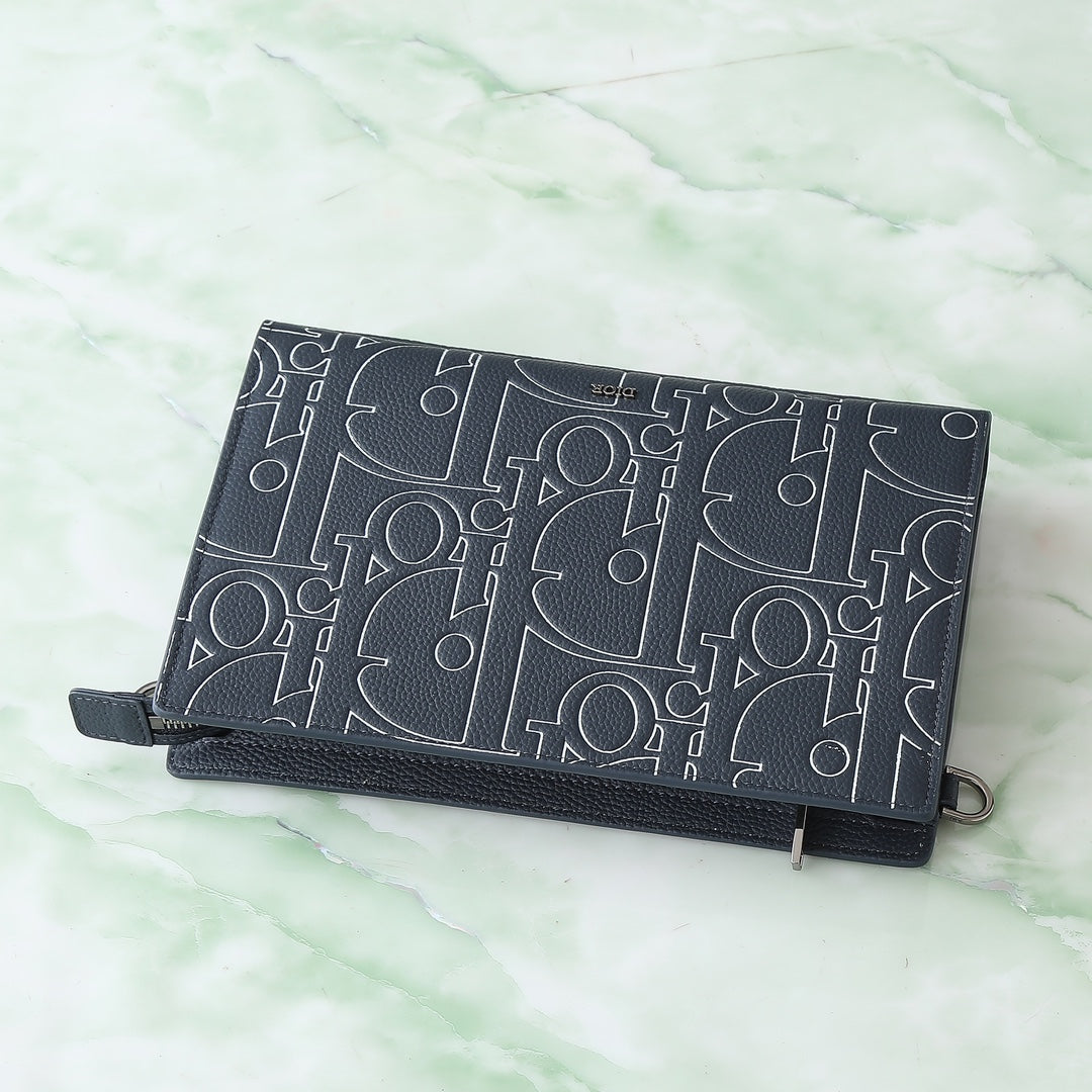 Dior Navy Blue A5 Triangle Clutch｜3D Gravity Embossed Leather｜6 Card Slots & Detachable Strap