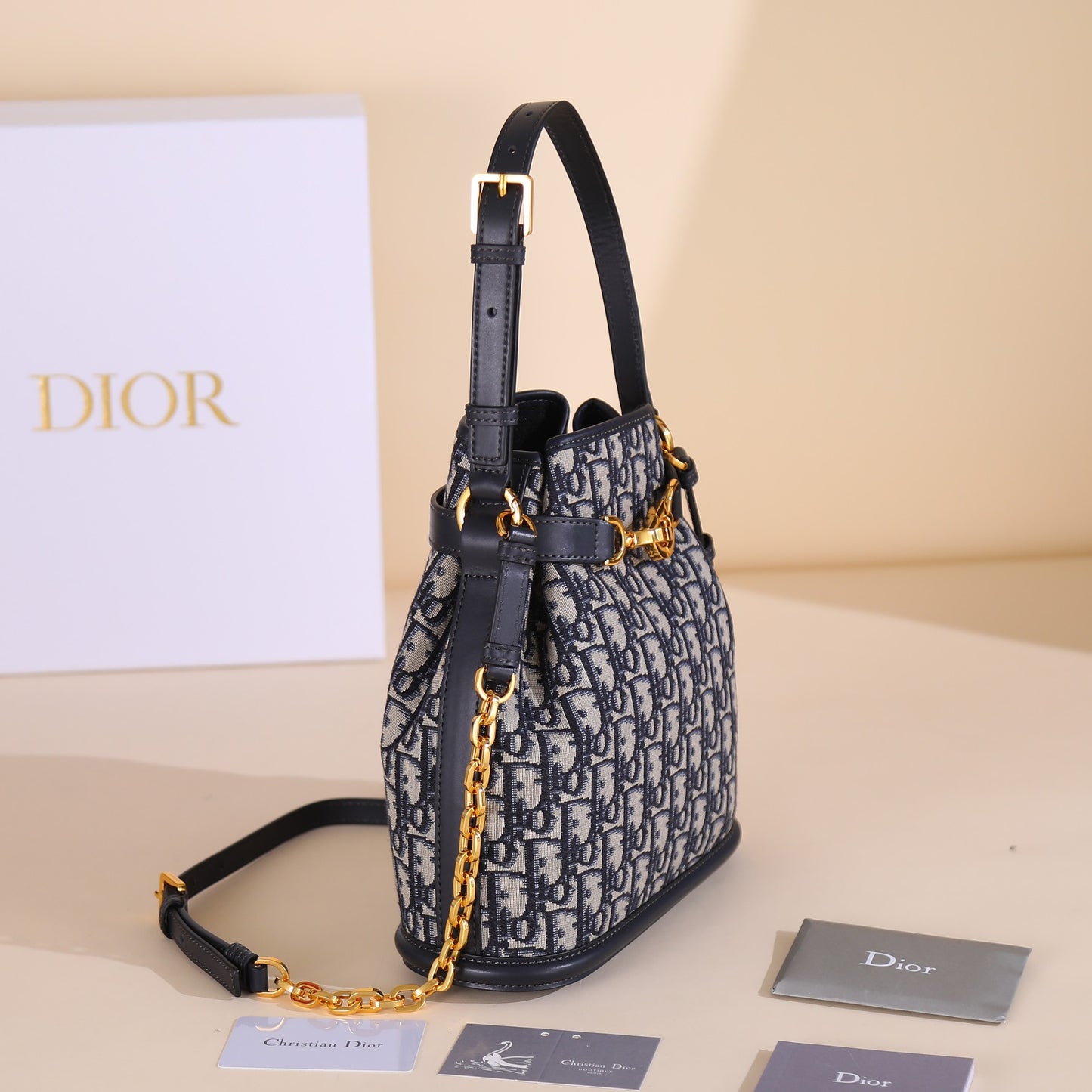 CEST Blue Oblique Print Bucket Bag - Medium Detachable Chain Strap with Leather Slider, LO Twist-Lock Closure (Includes Dust Bag & Haute Couture Packaging) | 2023 AW Collection