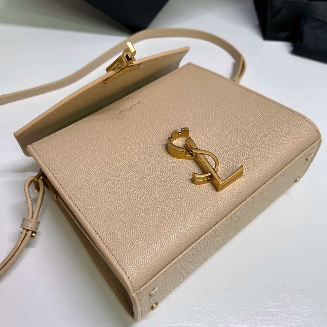 CASSANDRA Mini Grained Leather Handbag - Celebrity Same Style, Beige Caviar, YSL Turn-Lock, Adjustable Strap, Spacious Compartments