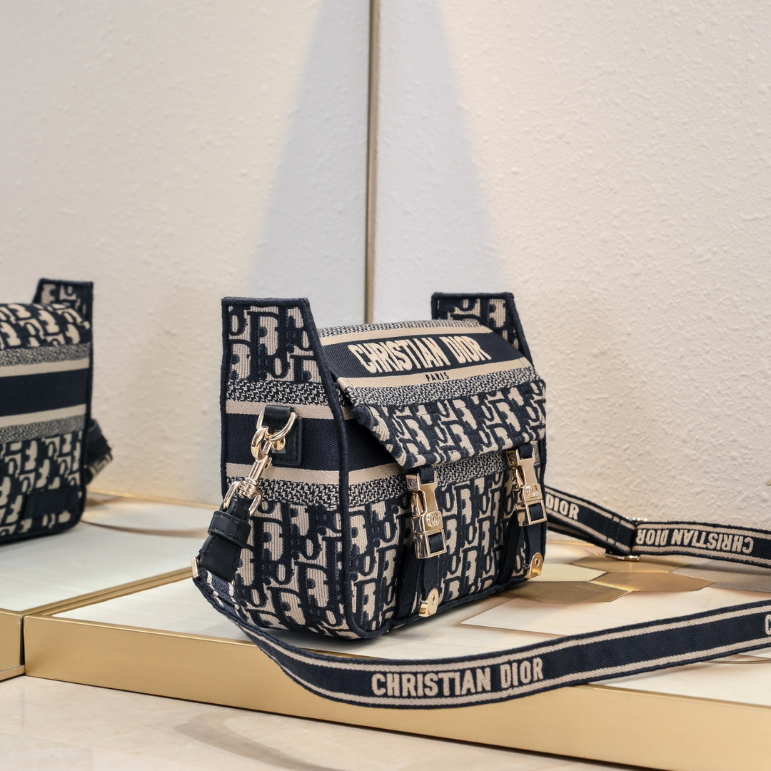 DIOR Cam Embroidery Vintage/New Canvas Messenger Bag Small - Gold-Tone Closure/Detachable Strap/23x15x8cm