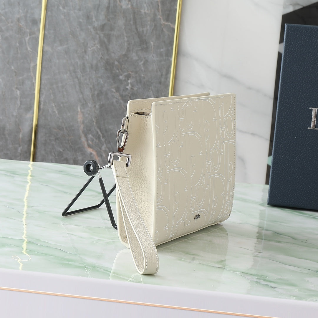 Dior A5 Triangle Clutch Bag｜Beige Gravity Outline Embossed Leather｜6 Card Slots & Detachable Wrist Strap