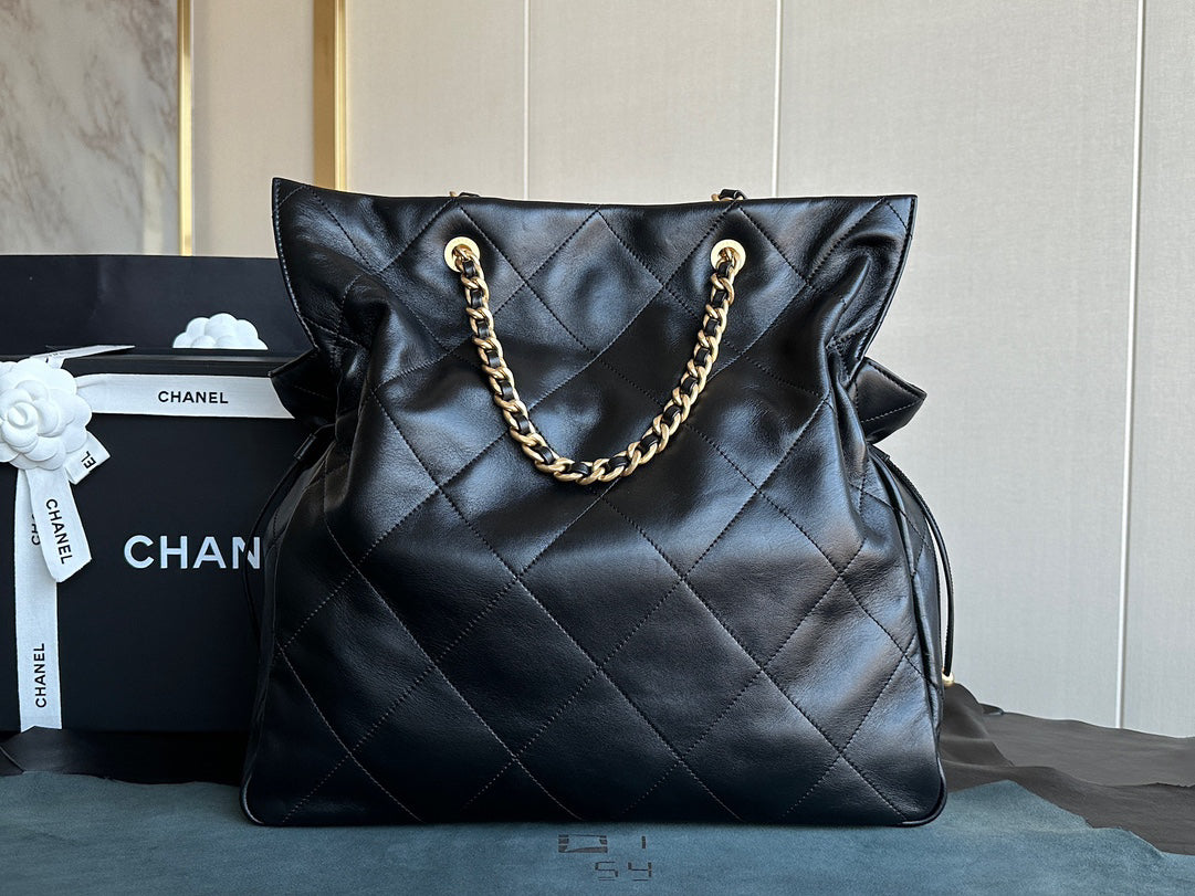 Chanel 25C Black Gold Exclusive Italian Polished Lambskin Tote Bag | Organic Water-Dye Craft + Antique Brass Clasp | 34x36x12cm Nationwide Monopoly