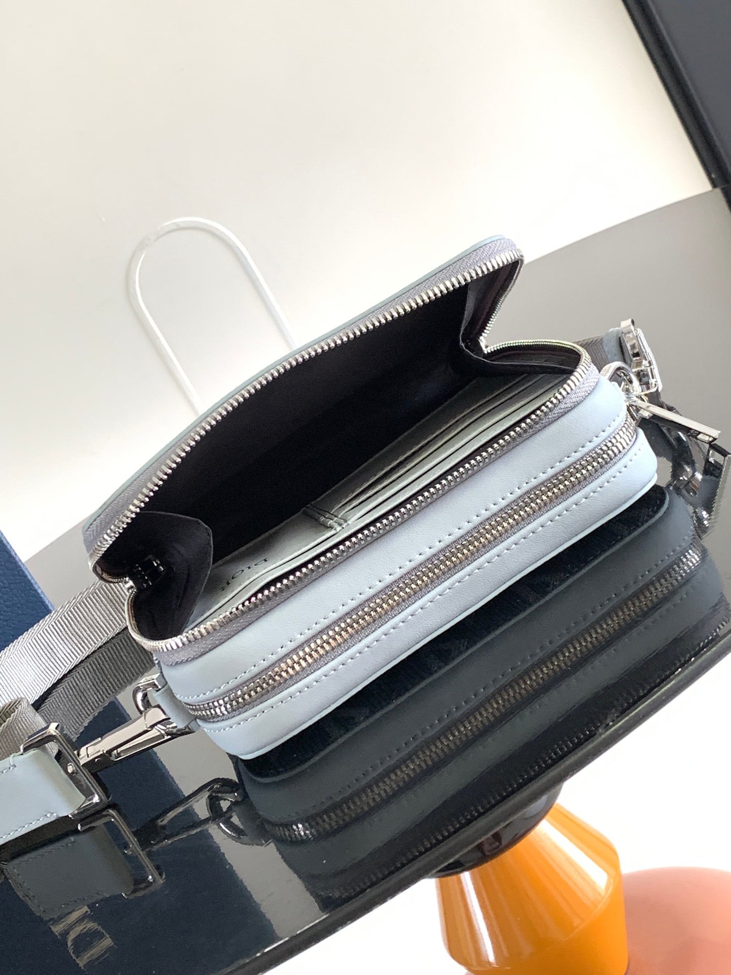 Christian Dior Gray Diamond Oblique Canvas Messenger Bag with Calfskin Leather Trim & Detachable Strap - 17 cm