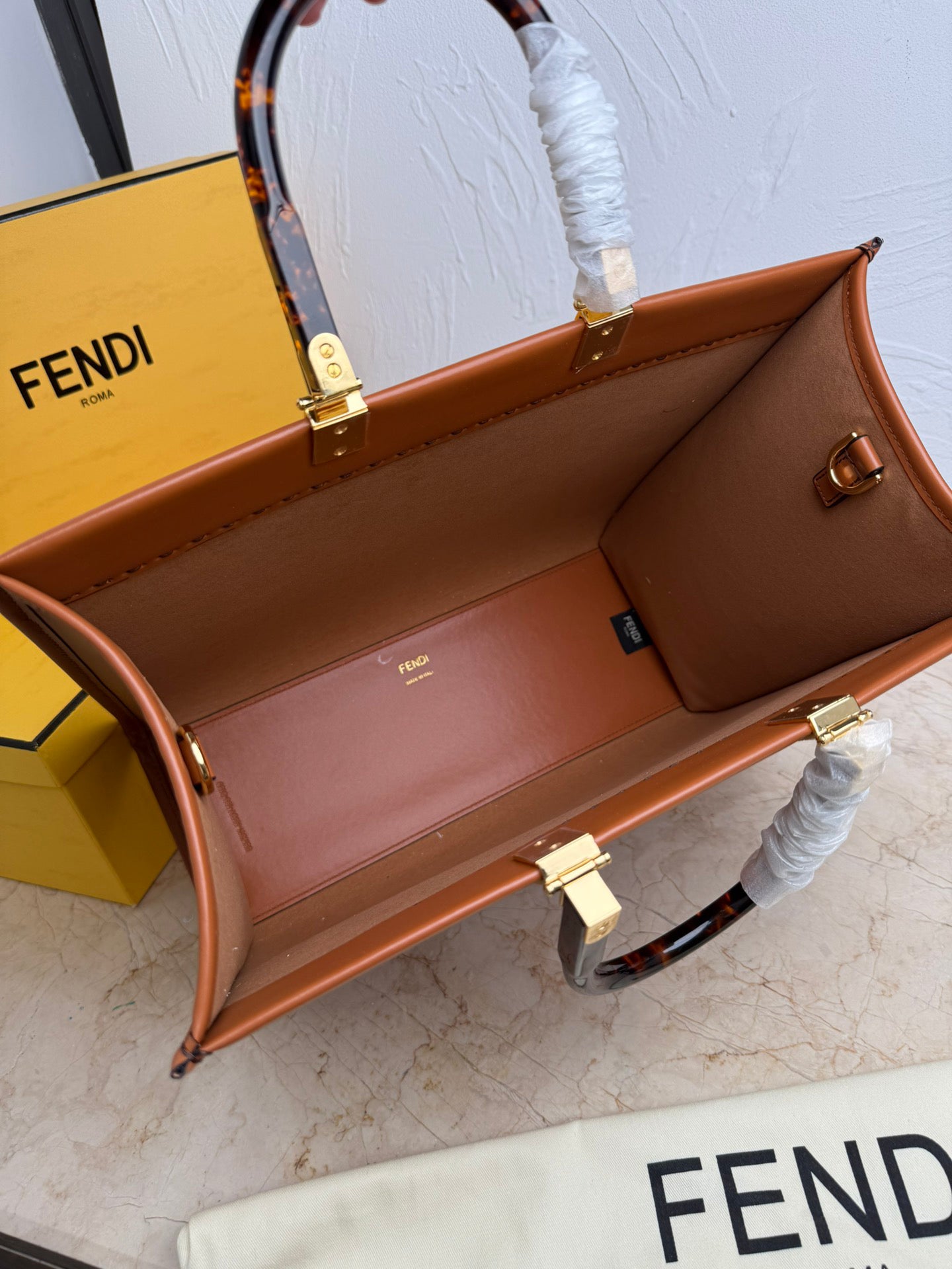 FENDI Sunshine Medium Brown Leather Tote Bag - Tortoiseshell Handles, Detachable Strap & Embossed Logo, Made in Italy
