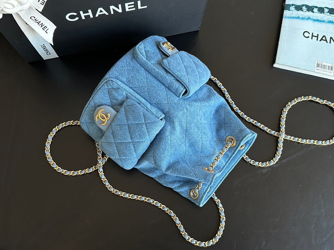 Chanel 25C Washed Denim Mini Backpack | Light Blue | Vintage Wash Original Denim | ZP-Grade Antique Brushed Gold Hardware | Limited Edition