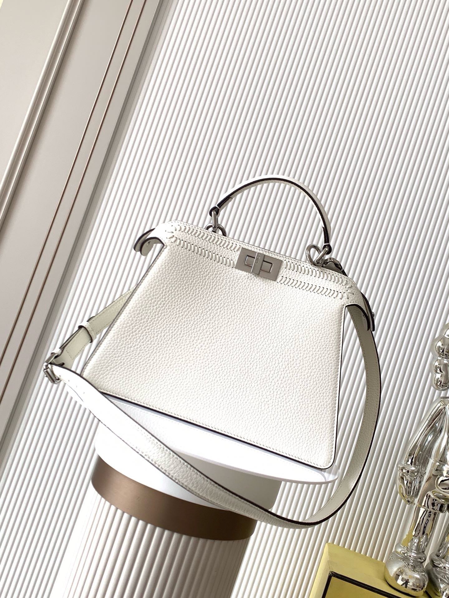 Fendi Peekaboo ISeeU Small Bag - White Cuoio Romano Calfskin | Handwoven FF Motif | Adjustable Strap