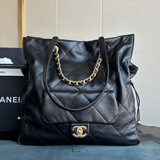 Chanel 25C Black Gold Exclusive Italian Polished Lambskin Tote Bag | Organic Water-Dye Craft + Antique Brass Clasp | 34x36x12cm Nationwide Monopoly