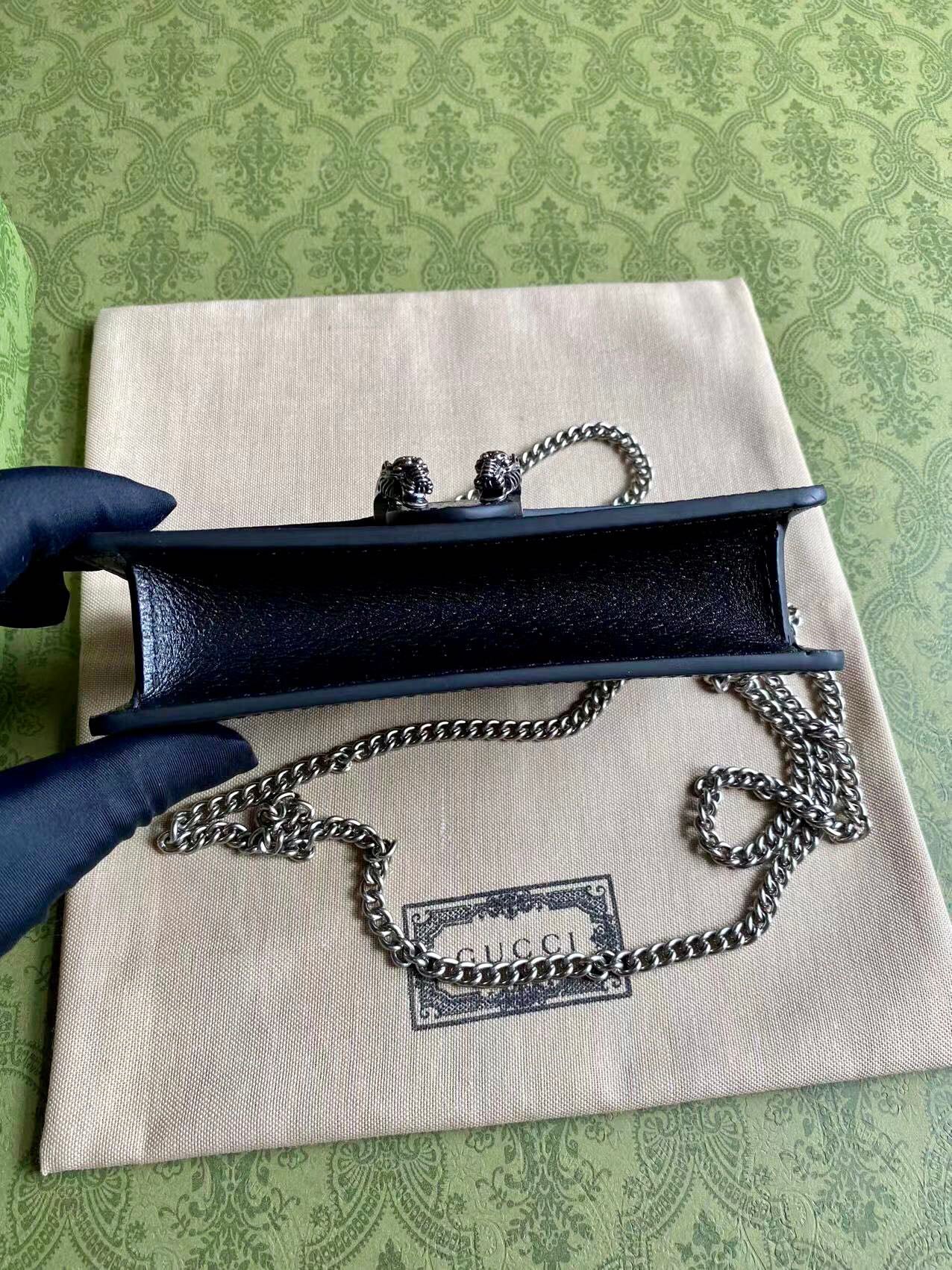 Gucci Dionysus Black Denim Mini Chain Bag Tiger Head Closure Style 476432