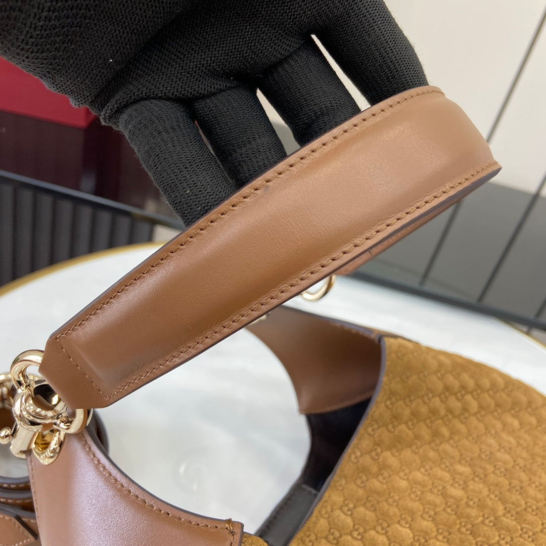 Gucci Body Double-Lock Shoulder Bag - Vintage 1950s Inspired Brown GG Suede with Adjustable Strap