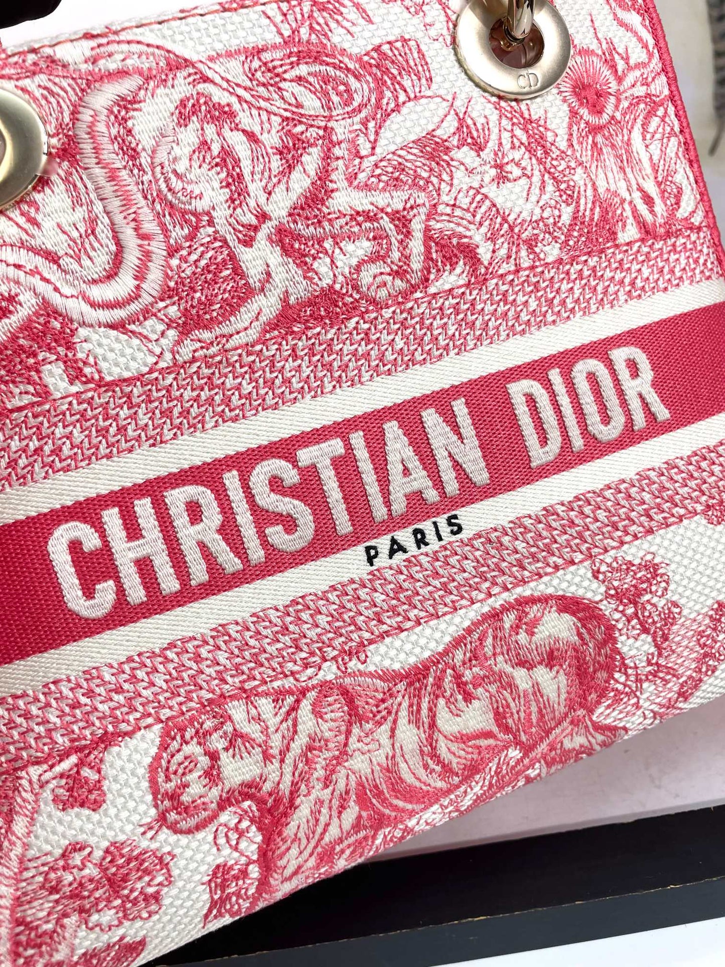 Dior Lady D-LITE Plum Tiger Embroidery Bag D6814 - Pietro Ruffo Sunset Collection with Magnetic Detachable Strap & D.I.O.R. Charms (Limited 24cm Cannage Bag)