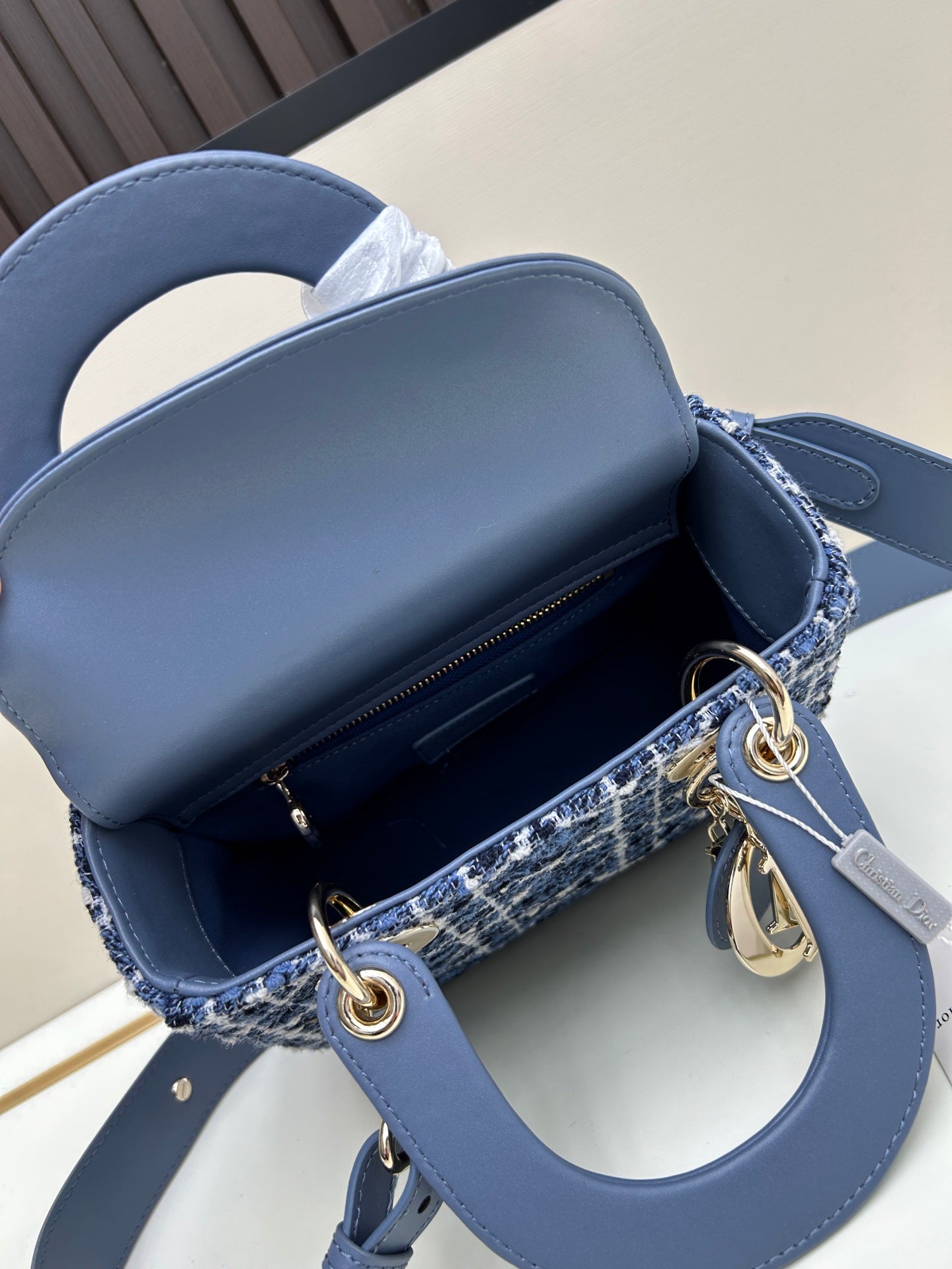 DIOR 2024 Early Spring New Arrival Black Tweed Cannage Embroidery Handbag with Pale Gold Charm, 20cm
