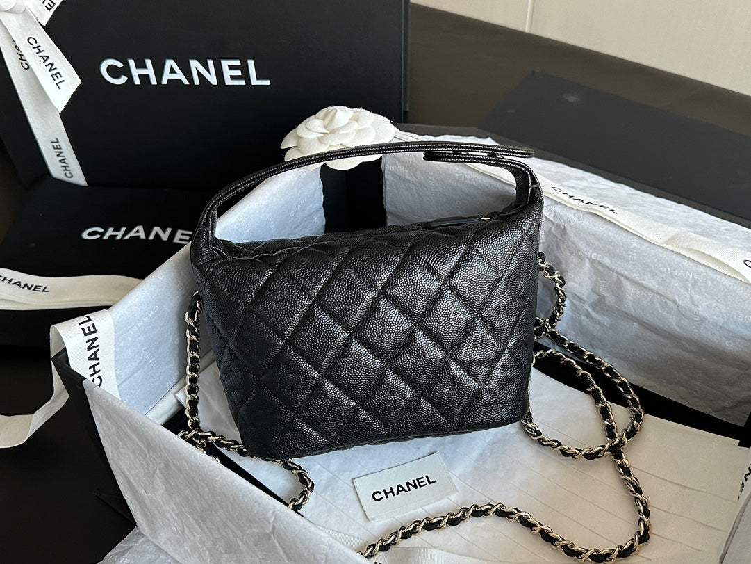 Chanel 25C Black Gold HAAS Caviar Calfskin Lunch Box Bag | Original Mid-Grain Embossed Texture + Champagne Gold Steel Clasp | 21.5x19x6cm Exclusive