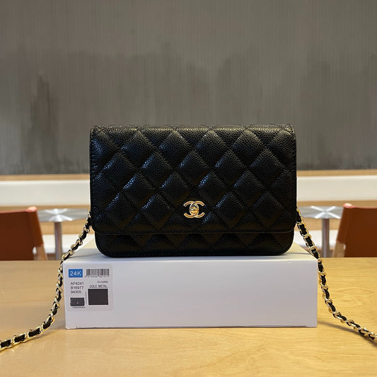 CHANEL 25c Wallet on Chain (WOC) | Exclusive Haas Caviar Leather Gold-Tone | Double C-Lock Flap Bag | 12cm Mini "Lucky Purse"