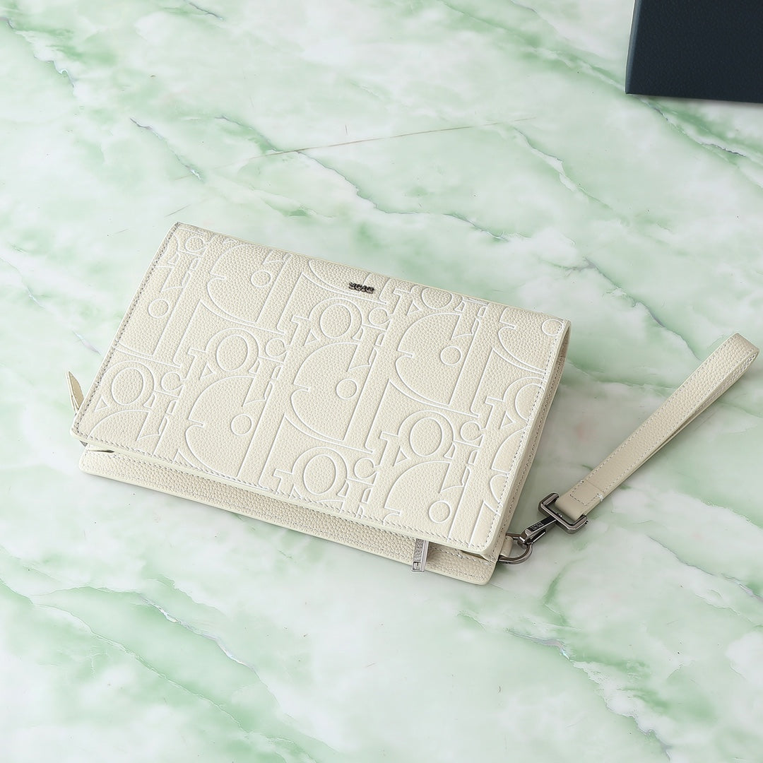 Dior A5 Triangle Clutch Bag｜Beige Gravity Outline Embossed Leather｜6 Card Slots & Detachable Wrist Strap