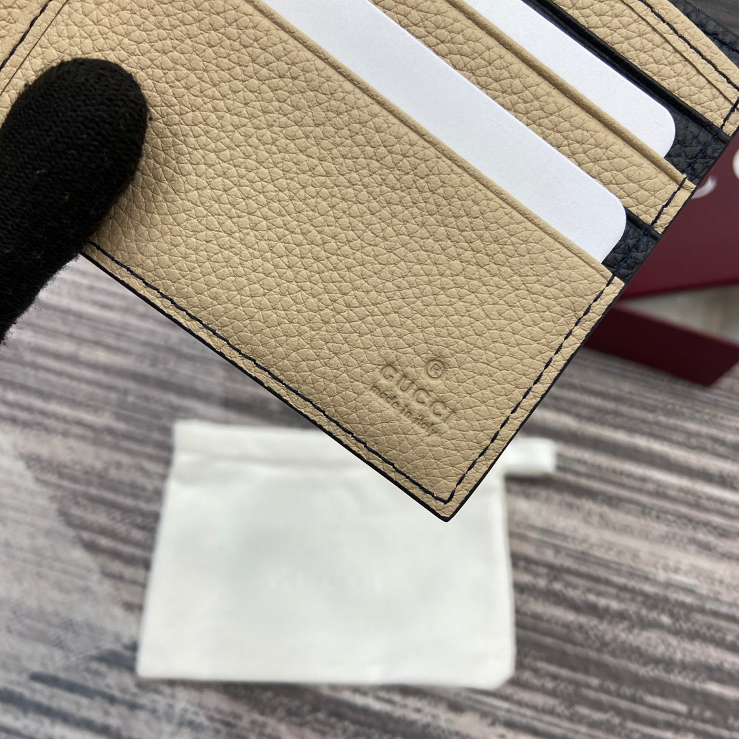 Gucci 2025 Early Spring Collection Deep Blue-Oat Calfskin Leather Bifold Wallet - Dual-Tone Motif, Refined Sophistication